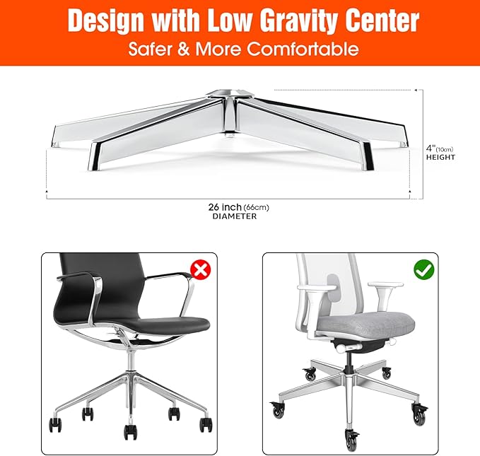 Office Chair Base Replacement (3300 lbs) - Heavy Duty Alloy Office Chair Base Replacement, Office Chair Reinforced Metal Legs, Universal Gas Cylinder and Caster Socket (Office Chair Base)
