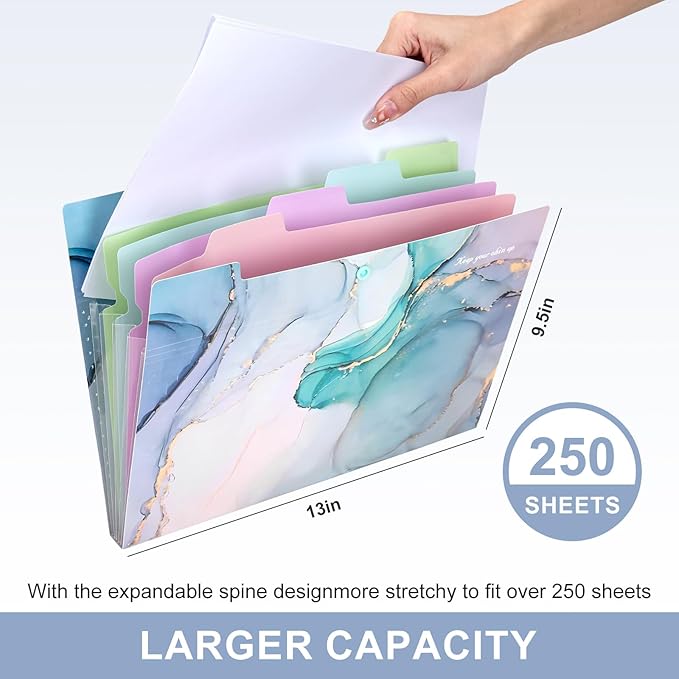 Ddaowanx Expanding File Folder, Letter A4 Size Accordion Plastic File Organizer, 5 Pocket Folders for Documents, Aesthetic Folder with Labels, Paper Organizer for School Office (Blue Marble)