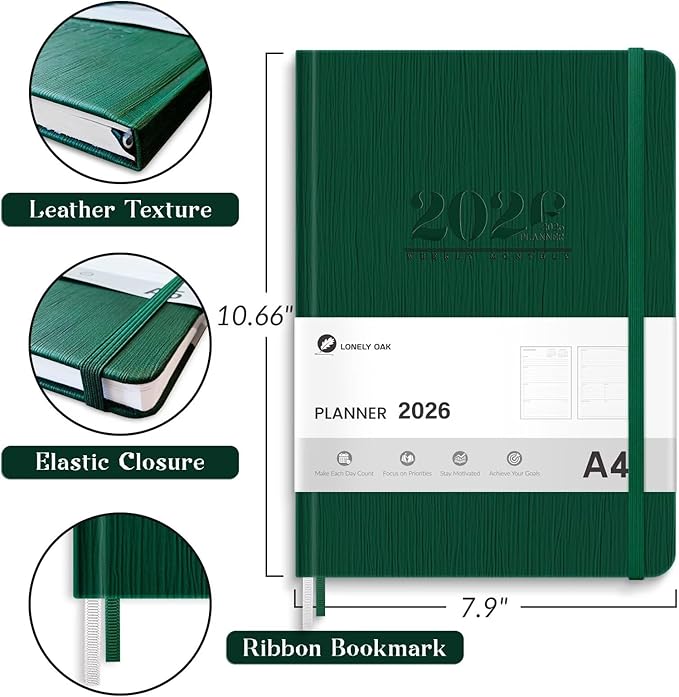 2026 Planner, Large Weekly and Monthly Planners, A4 Faux Leather Daily Calendar 2026 Planner, 12 Month Agenda from Jan. to Dec., Hardcover Habit Tracker Journal(Green)