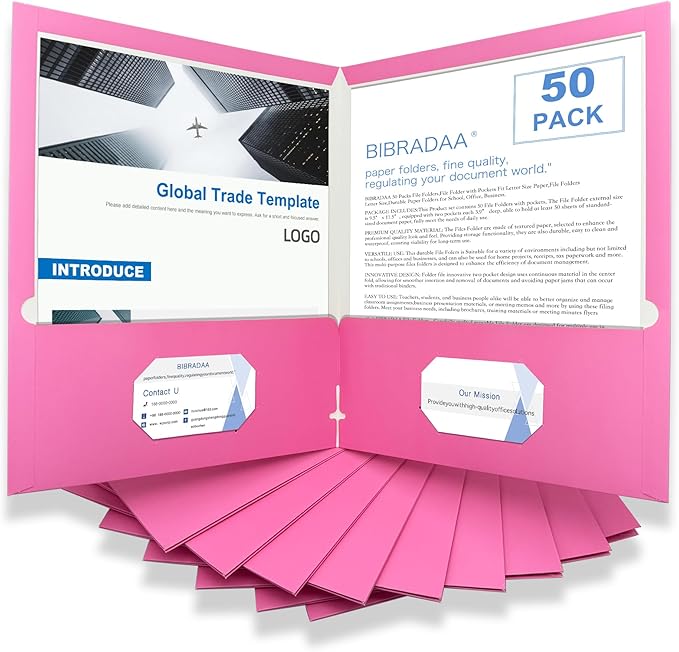 BIBRADAA® 50 Packs Pink Folders with Pockets,File Folder with Pockets Fit Letter Size Paper,File Folders Letter Size,Durable Paper Folders for School, Office, Business. (50, Pink)