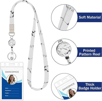 Giancomics Lanyards for Id Badges, Black Marble Lanyards with Retractable Reel, Waterproof ID Badge Holder for Cruise Ships Cards Key, Cute Work Name Tag Zip Card Protector 2 Pack