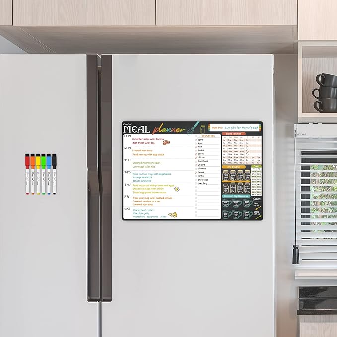 Magnetic Dry Erase Menu Board - 17"x12" Meal Planning Board for Fridge - 6 Extra Fine Point Markers Included - Shipped Flat