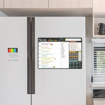 Magnetic Dry Erase Menu Board - 17"x12" Meal Planning Board for Fridge - 6 Extra Fine Point Markers Included - Shipped Flat