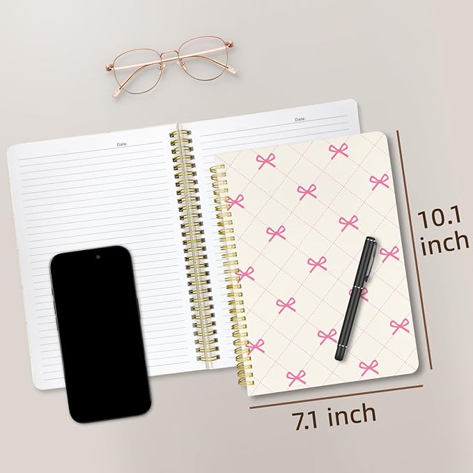 Cute Spiral Notebook journal B5 Aesthetic Pretty Design for Women Girls Kawaii with Pocket, 10 x 7.2 inch, Lined, Small Bow Tie
