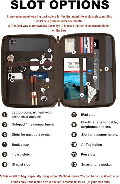 Awesometik Leather Organizer,Mac Bag Genuine Full Grain Leather,Crazy Horse Leather Portfolio Bag,Bag with Multiple Slots