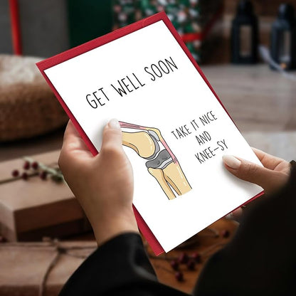 Funny Get Well Soon Knee Card for Friends, After Surgery Recovery Gifts for Women Men, Hilarious Get Better Card for Him Her, Take It Nice and Knee-sy Card