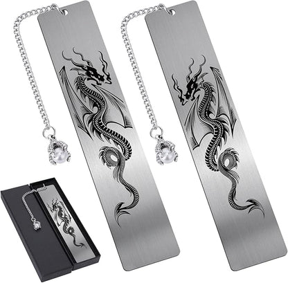 Dragon Metal Bookmark Gift - 2 PCs Cool Bookmarks for Reading Men Boys Fantasy Novel Dragon Lovers Readers Book Marks Pendant Bookish Students School Supplies Book Club Christmas Birthday