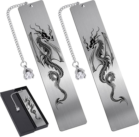 Dragon Metal Bookmark Gift - 2 PCs Cool Bookmarks for Reading Men Boys Fantasy Novel Dragon Lovers Readers Book Marks Pendant Bookish Students School Supplies Book Club Christmas Birthday