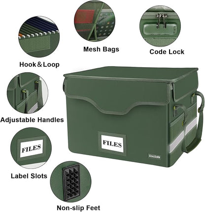 DocSafe File Box Fireproof Document Box with Lock,File Storage Organizer Box with Mesh Inserts＆Zipper Lid,Collapsible Portable File Box Home Office File Cabinet with Handle for Hanging Folders,Green