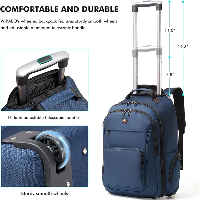 Rolling Backpack for Adults, 15.6 inch Laptop Wheeled Backpack, Travel Backpack with Wheels, Carry on Luggage Business Trolley Suitcase Computer Bag Men Women Blue