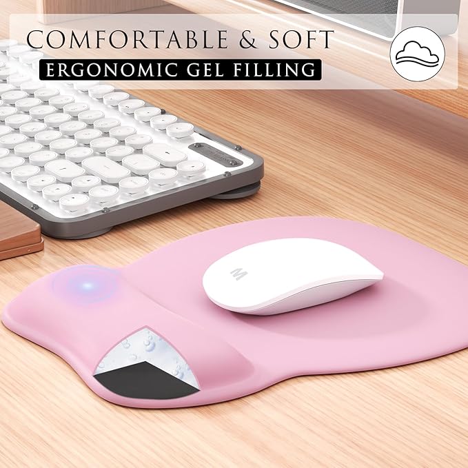 MROCO Ergonomic Mouse Pad with Gel Wrist Rest, Comfortable Mousepad with Smooth Wrist Support Surface and Non-Slip PU Base for Pain Relief, Computer, Laptop, Office & Home, 9.4 x 8.1 in, Pale Pink