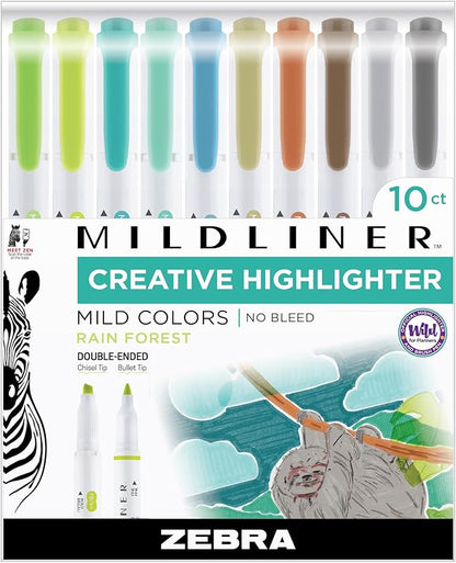 Zebra Pen Mildliner Double-Ended Highlighter Set, Broad and Fine Point Tips, Ideal for Bible Highlighting, No Bleed, Assorted Rainforest Ink Colors, 10-Pack (78401)
