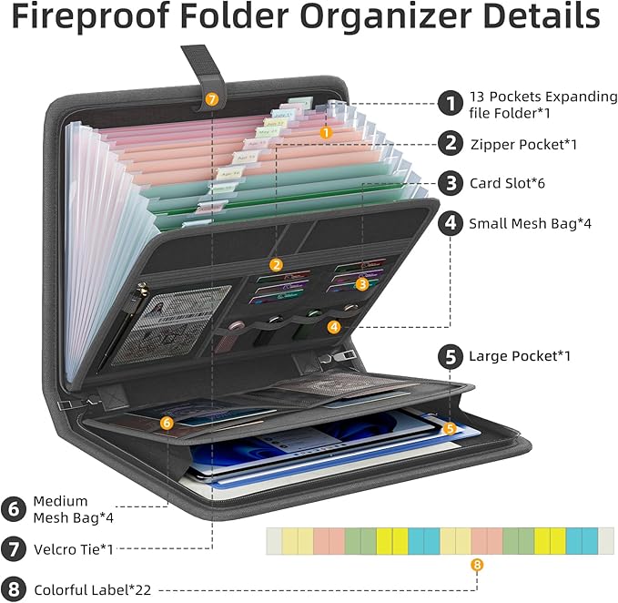 Fireproof Accordion File Organizer, Portable Expanding File Folder with Waterproof Zipper&Labels, Dark Gray Document Organizer with 13 Pockets, File Organizer for Important Document/Paper Storage