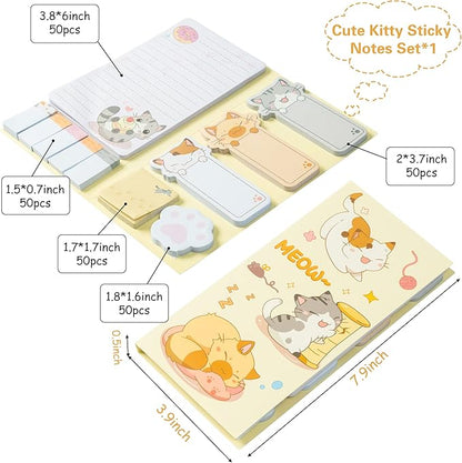 Cute Cartoon Cat Sticky Notes Set, 550 Sheets, Lovely Cat and Paw Shaped Self-Stick Notes Pads Kitty Animal Divider Tabs Bundle Writing Memo Pads Back to School Office Supplies Small Gift