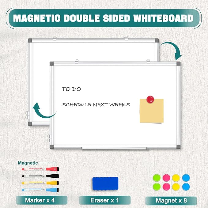 Double-Sided Magnetic White Board, 24"x 18" Dry Erase Board for Wall Mounted & Hanging with Aluminum Frame, Whiteboard for School, Office and Home