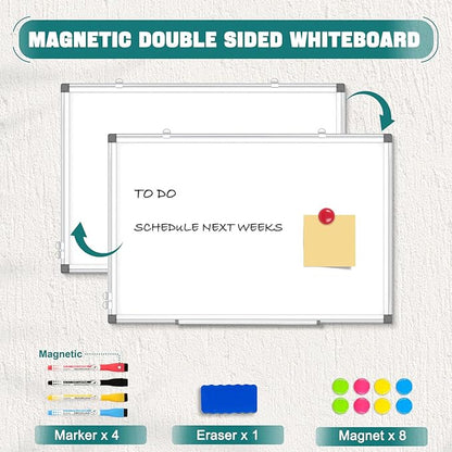 Double-Sided Magnetic White Board, 24"x 18" Dry Erase Board for Wall Mounted & Hanging with Aluminum Frame, Whiteboard for School, Office and Home