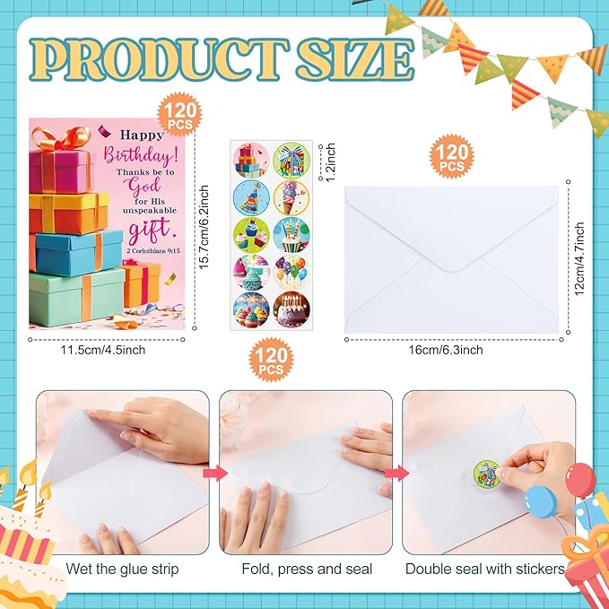 120 Pack Religious Christian Birthday Cards Bulk with Scripture Bible Verse 4.5 x 6.2 Inch Assorted Christian Blessings Greeting Cards for Birthday with Envelopes and Stickers (Bright Style)