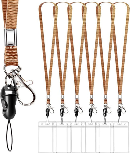 6 Pack Neck Lanyard with ID Badge Holder, Office Strap Lanyards, Stainless Metal Swivel Hook for Name Tag, Badge Holders, Keychains, Card, Brown