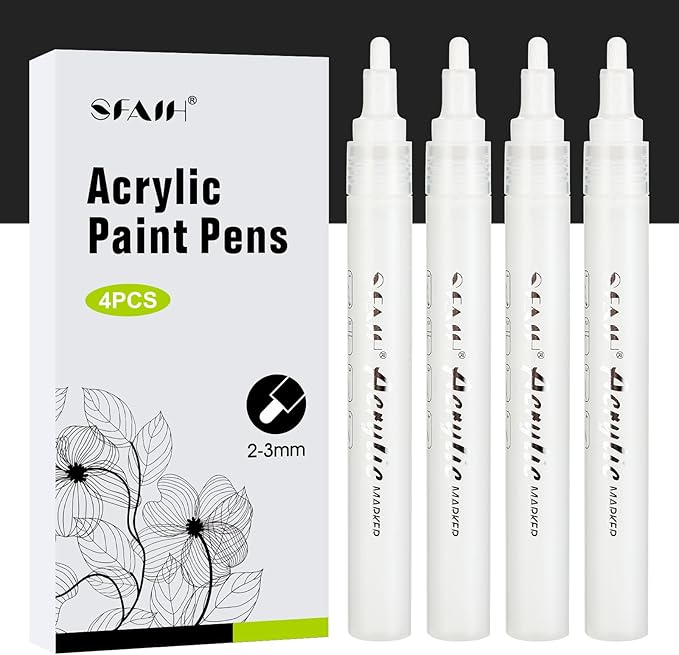 SFAIH White Paint Markers Pens - 4 Pack 2-3MM Medium Tip Acrylic White out Markers for Rock Painting, Wood, Metal, Fabric, Plastic, Canvas, Glass, Ceramic, Diy Crafts, Drawing, Tire, Correction