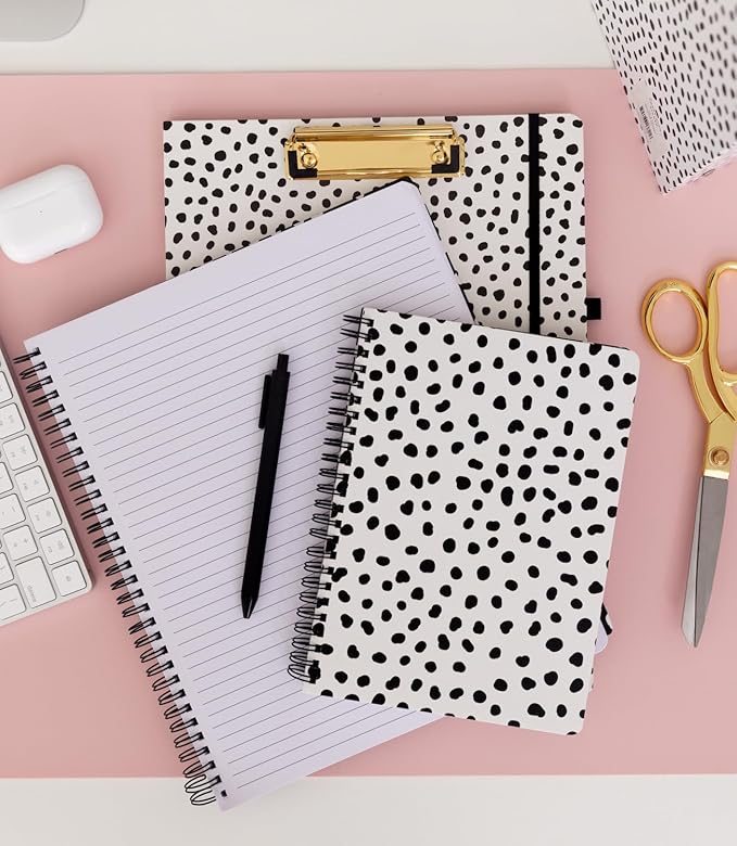 Steel Mill & Co Cute Mini Spiral Notebook, 8.25" x 6.25" Journal with Durable Hardcover and 160 Lined Pages, Black Dots