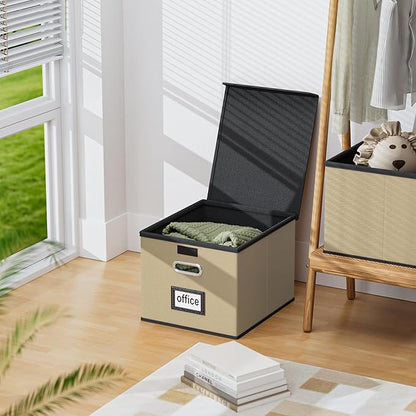 Huolewa Upgraded Portable Leather File Organizer Boxes with Lids, Office Document Boxes Organizer, Filing Boxes, Decorative Small File Boxes for Hanging Files with Plastic Slide for Office/Decor/Home