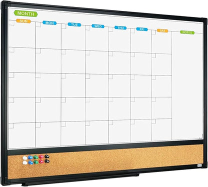 JILoffice Magnetic Calendar Whiteboard & Bulletin Corkboard Combination, Combo Board 24 x 18 Inch, Black Aluminum Frame Wall Mounted Board for Office Home and School with 10 Push Pins