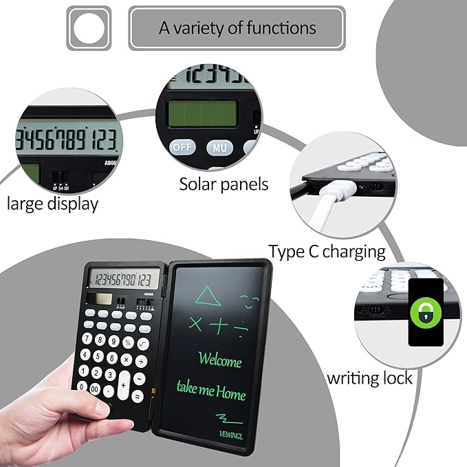 VEWINGL Calculator with Notepad,12 Digit Large Display Office Desk Calcultors,Dual Power Rechargeable and Solar 2 in1 Multi Function Calculator,Suitable for office,School,Home and Business use (Black)