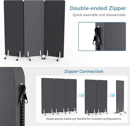 70.8" W x 63" H Freestanding Partition Room Dividers, Acoustic Panels with Wheels, 3 Soundproof Privacy Panels for Office, Reception Room, School, Hospital, Dark Grey