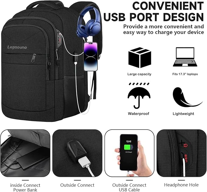 Lapsouno Travel Backpack, Large Carry on Backpack, 17 Inch Laptop Backpack, Big Backpack, Extra Sturdy TSA Friendly with USB Port College School Rucksack Bag Backpack Gifts for Him Men Women, Black