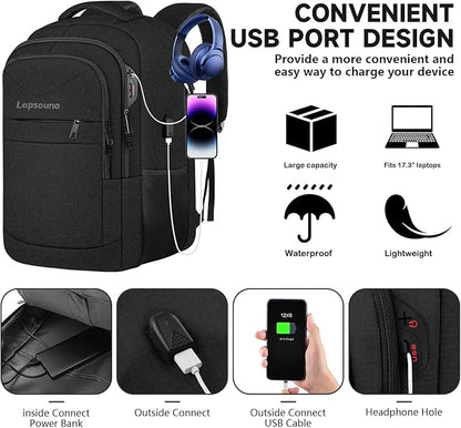 Lapsouno Travel Backpack, Large Carry on Backpack, 17 Inch Laptop Backpack, Big Backpack, Extra Sturdy TSA Friendly with USB Port College School Rucksack Bag Backpack Gifts for Him Men Women, Black