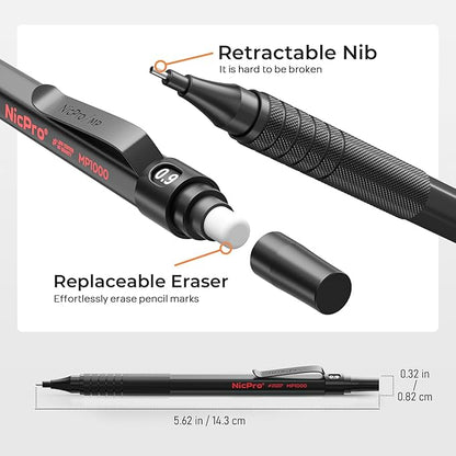 Nicpro 0.9 Metal Mechanical Pencil Set with Case, 3PCS Black MP1000 0.9mm Drafting Pencil, 8 Tubes HB Lead Refills, 3PCS Erasers, Erasers Refills for Artist Writing, Drawing, Sketching