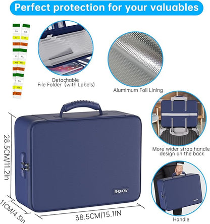 ENGPOW 5200℉ Fireproof File Organizer Bag with 13 Pocket Accordion File Folder,Document Organizer Box with Lock&Labels,Multi-Layer Portable Home Travel Safe Storage Box for Important Documents,Blue