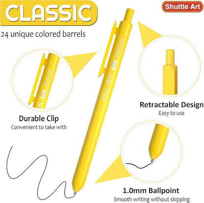 Shuttle Art Ballpoint Pens, 24 Pack Colored Retractable Black Ink Ball Point Pens, Cute Pens 1.0mm Medium Point Quick Drying for Writing Journaling Taking Notes School Office Home