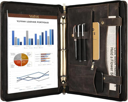 Portfolio Binder 3 Ring, Leather Binder Portfolio Folder for Left-Handed, Zippered Portfolio Padfolio Binder for Women, Leather Portfolio Organizer for Men (Grey, Non-Custom)