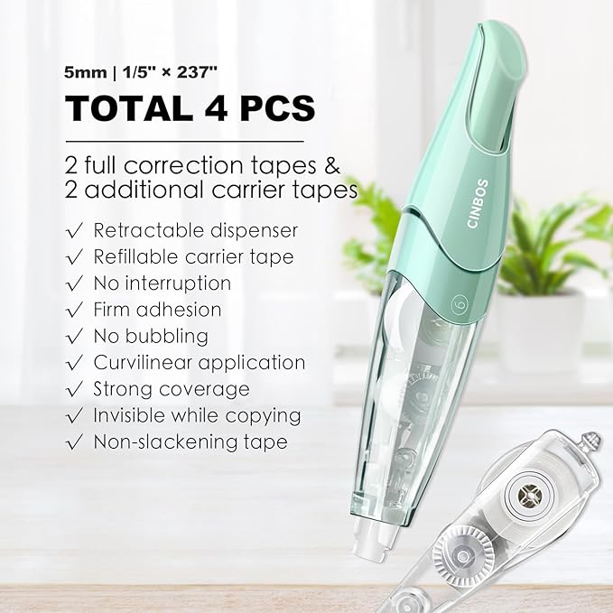 Refillable Retractable White Correction Tape, White Smooth Pull Out Correction Tape with 2 Extra Refills, Cute Correction Tape for Office Supplies, 4 PCS (CS-25)