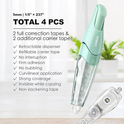 Refillable Retractable White Correction Tape, White Smooth Pull Out Correction Tape with 2 Extra Refills, Cute Correction Tape for Office Supplies, 4 PCS (CS-25)