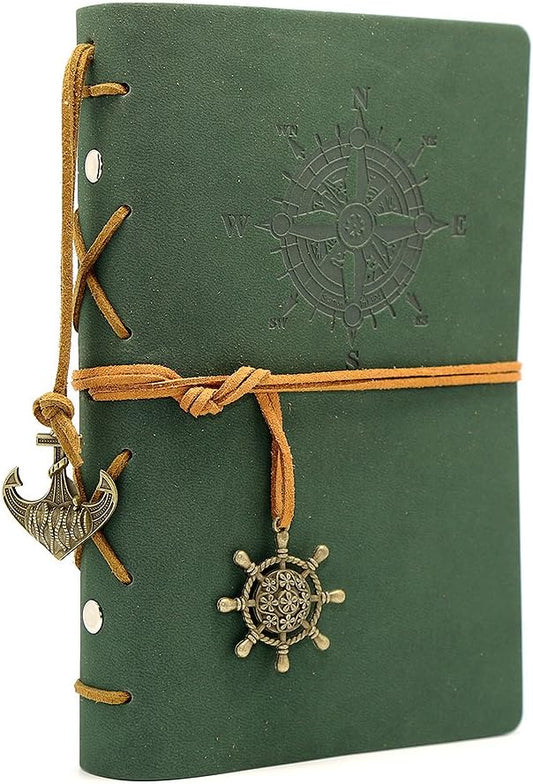 EvZ Leather Writing Journal Notebook, 7 Inches Vintage Nautical Spiral Blank String Diary Notepad Sketchbook Travel to Write in, Unlined Paper, Retro Pendants, Classic Embossed, Dark Green