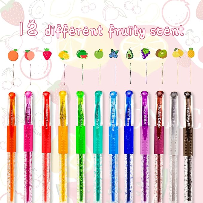 Fruity Scented Gel Ink Pens, 12 Assorted Colorful Gel Pens for Drawing, Writing, Coloring at School & Home