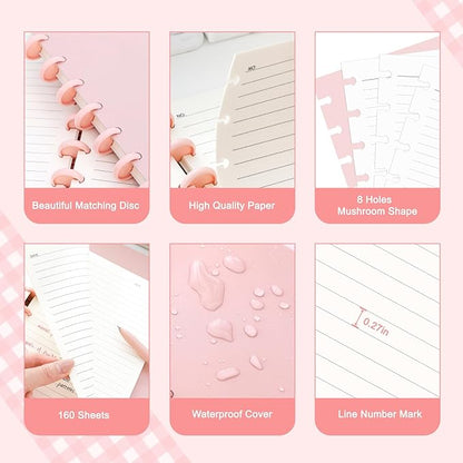 Discbound Notebook, 8-Disc Disbound Planner with Removable Pages, 180 Pages Spiral Notebook, Poly Cover Discbound Planner for Work, Travel, Note Taking(With Index Sticker),Pink,A4