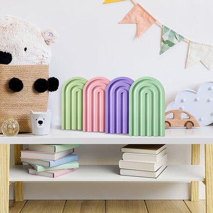 Harloon 4 Pieces Boho Arch Wood Bookends Rainbow Arch Back to School Gift Ideas Non Skid Bookend Decorative Wooden Book Stand Book Stoppers for Books Movies CDs(Pastel Color)