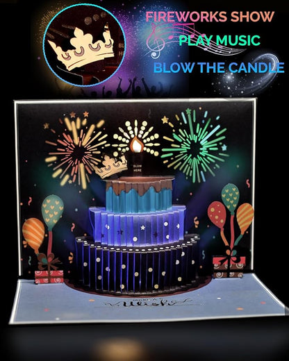 3D Pop Up Happy Birthday Cards for Men – LED Fireworks & Music with Blow The Candle, Gold Crown, 3D Balloons, Blue Design - Happy Birthday Card for Him - Dad, Husband, Boys & Son (8.27" x 5.27")