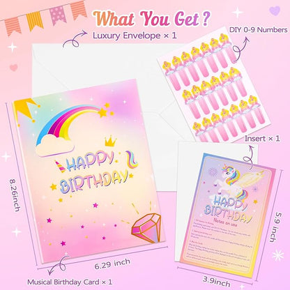 Birthday Card with Light&Music,Unicorn 3D Pop up Greeting Cards with Blowable Candle Birthday Gifts for Women Girls Daughter Sister Kids-With 0-9 DIY Number