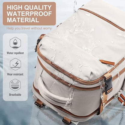 Travel Backpack Simple Durable Carry On Backpack with Shoe Compartment, Personal Item Travel Bag Flight Approved, Water Resistant Laptop Backpack for Women Men Weekender Business, Beige
