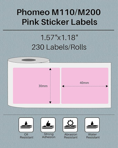 Phomemo Sticker Label M110/M221/M220/M120/M200/M150/M250/M260 Pink Label- 1.57"x1.18"(40x30mm) Thermal Label for Small Business, Home, Office, 230 Labels/Roll