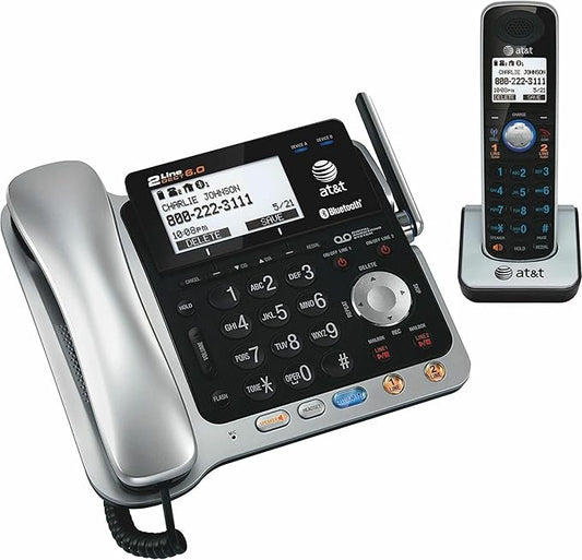 AT&T TL86109 DECT 6.0 2-Line Expandable Corded/Cordless Phone with Bluetooth Connect to Cell, Answering System and Base Speakerphone, 1 Corded Handset and 1 Cordless Handset, Silver/Black