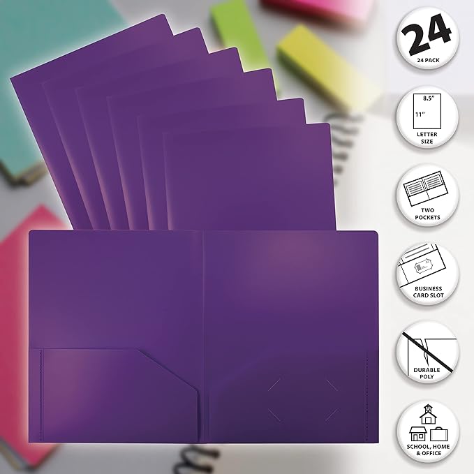 Better Office Products Heavyweight Plastic 2 Pocket Portfolio Folder, Letter Size Poly Folders 24 Pack (Purple)