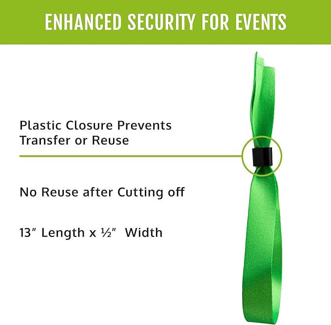 Wristco 100 Green Cloth Event Wristbands – Plastic Closure to Prevent Transfer or Reuse – Premium-Grade Fabric Bracelets for Party Entry, Summer Camp, VIP Identification, Drink Ticket ID