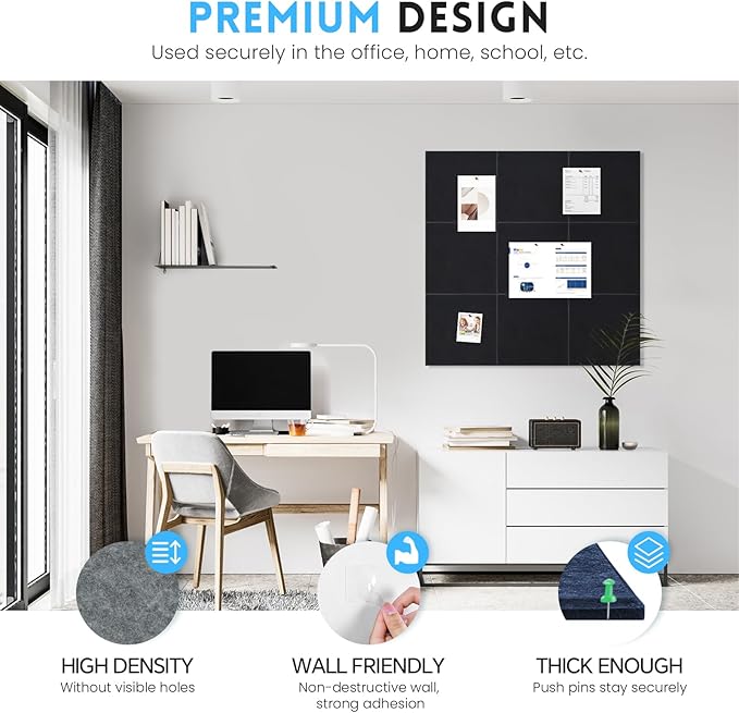 Large Cork Bulletin Board for Wall 48"x36", 12 Pack Felt Wall Tiles with 80 Pushpins, 60 Safe Removable Adhesive Tabs, Decorative Pin Board Tack Board for Office Home School, Light Blue