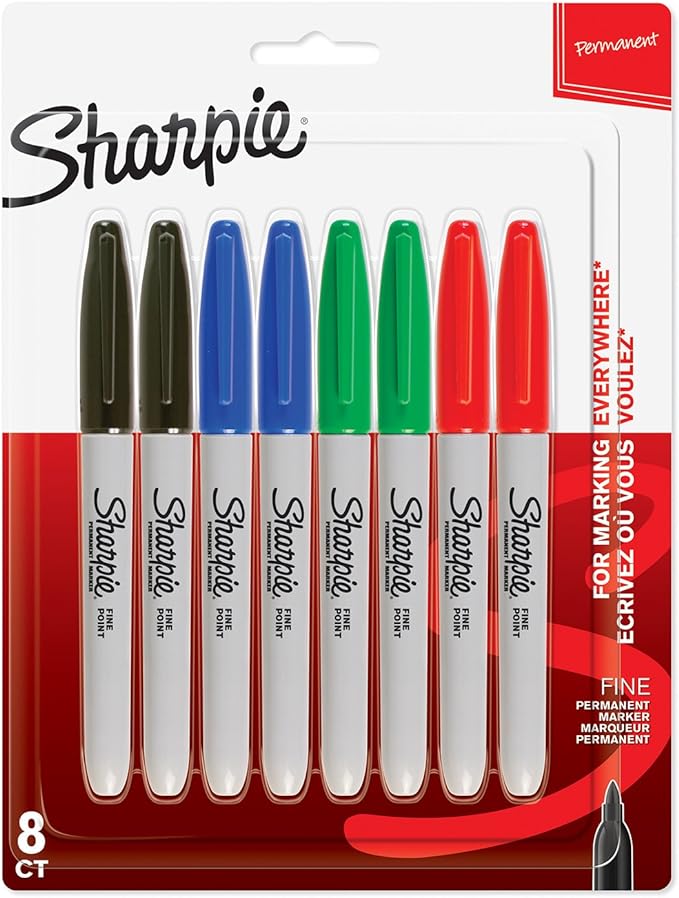 Sharpie Permanent Markers, Fine Tip, Assorted Standard Colours, 8 Pack