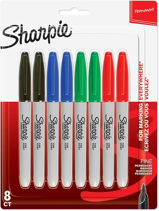 Sharpie Permanent Markers, Fine Tip, Assorted Standard Colours, 8 Pack